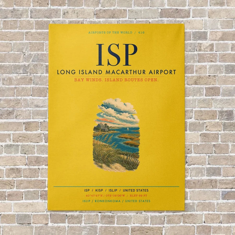 Long Island MacArthur Airport ISP vertical canvas print - no frame - yellow background