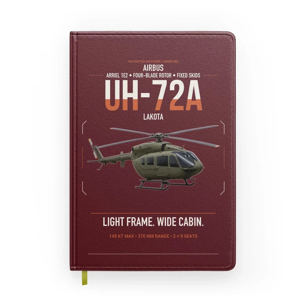 Airbus UH-72A Lakota design on dark red notebook