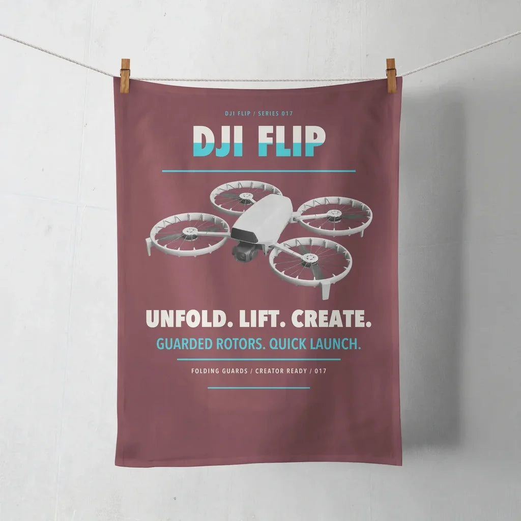 DJI Flip design on dark red towel