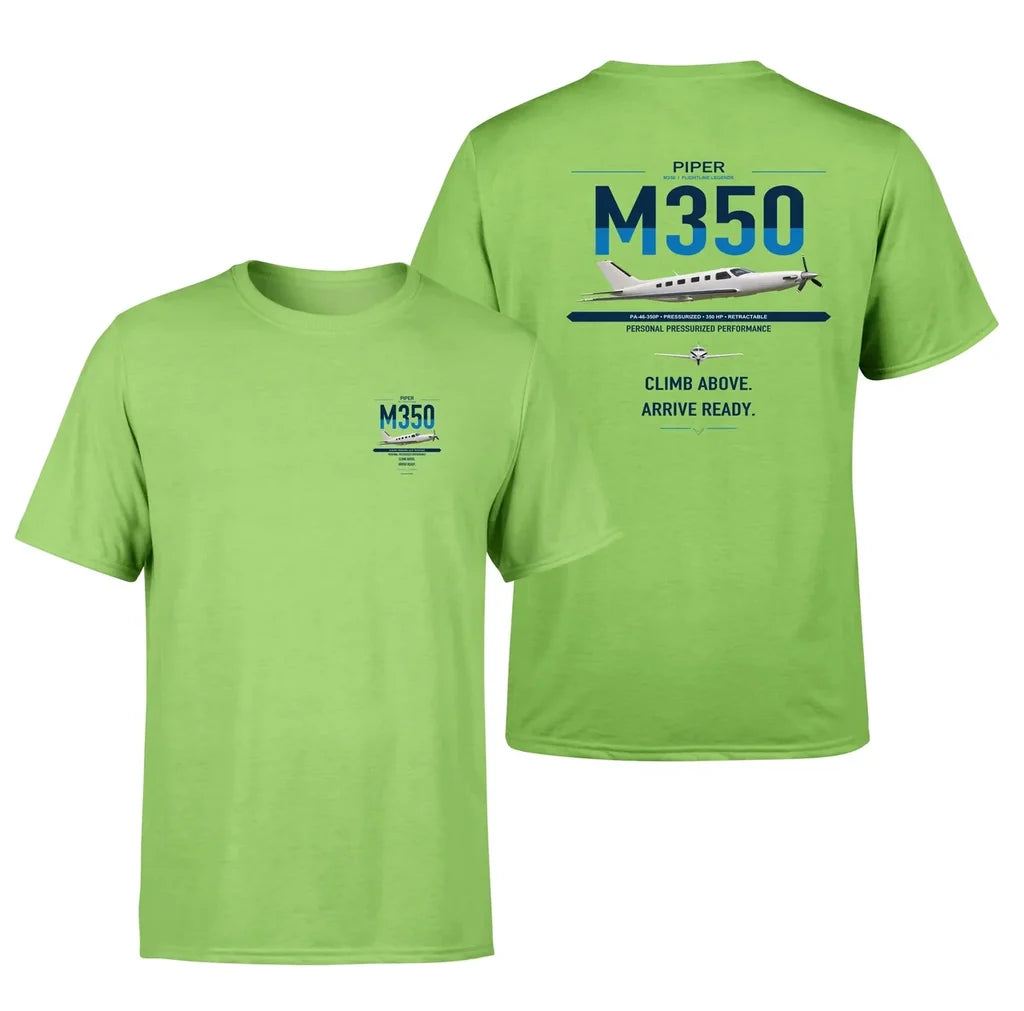 Piper M350 design on light green t-shirt, double-side print