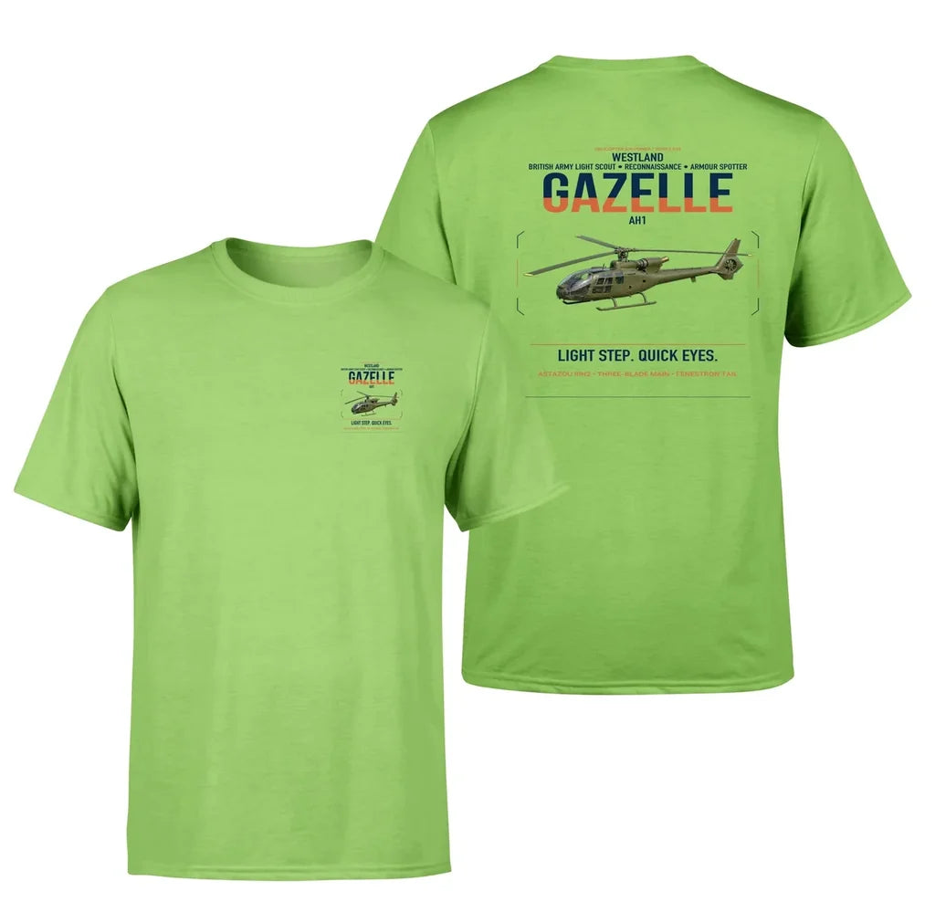 Westland Gazelle AH1 design on light green t-shirt, double-side print