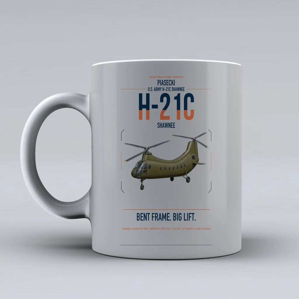 Piasecki H-21C Shawnee design on light gray ceramic mug, double-side print