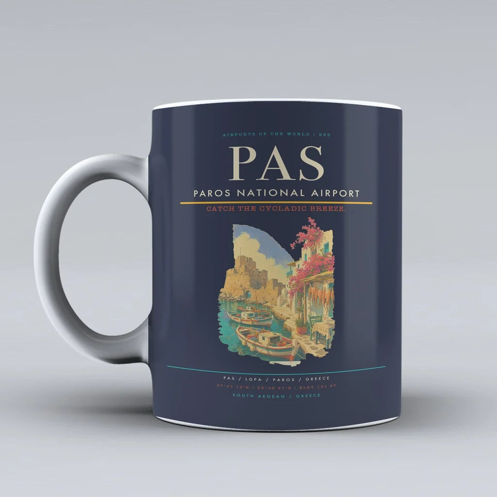 Paros National Airport (PAS) airport code design on dark blue ceramic mug