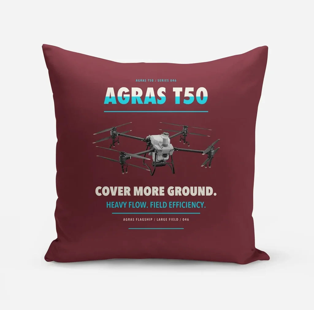 DJI Agras T50 design on dark red pillow