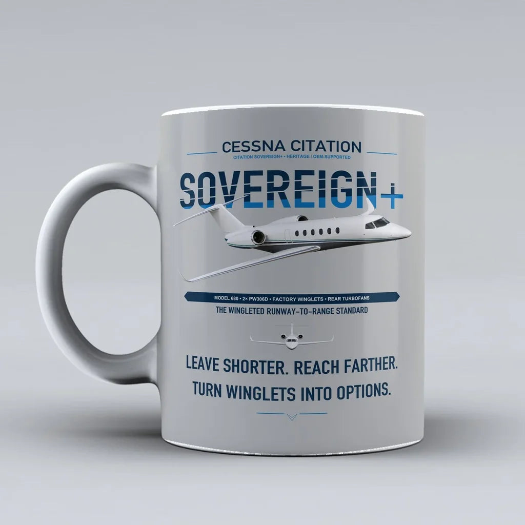 Cessna Citation Sovereign+ design on light gray ceramic mug, double-side print