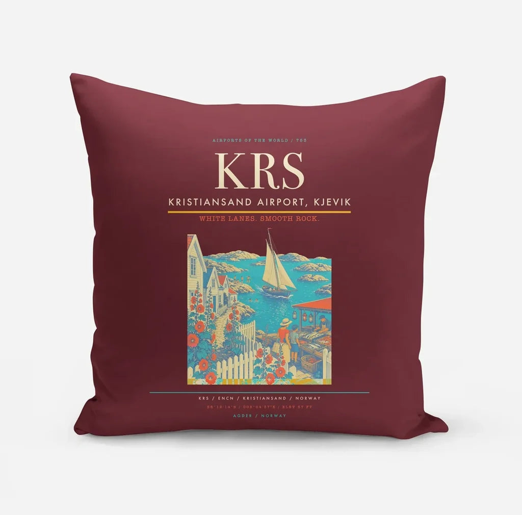 Kristiansand Airport, Kjevik (KRS) design on dark red pillow