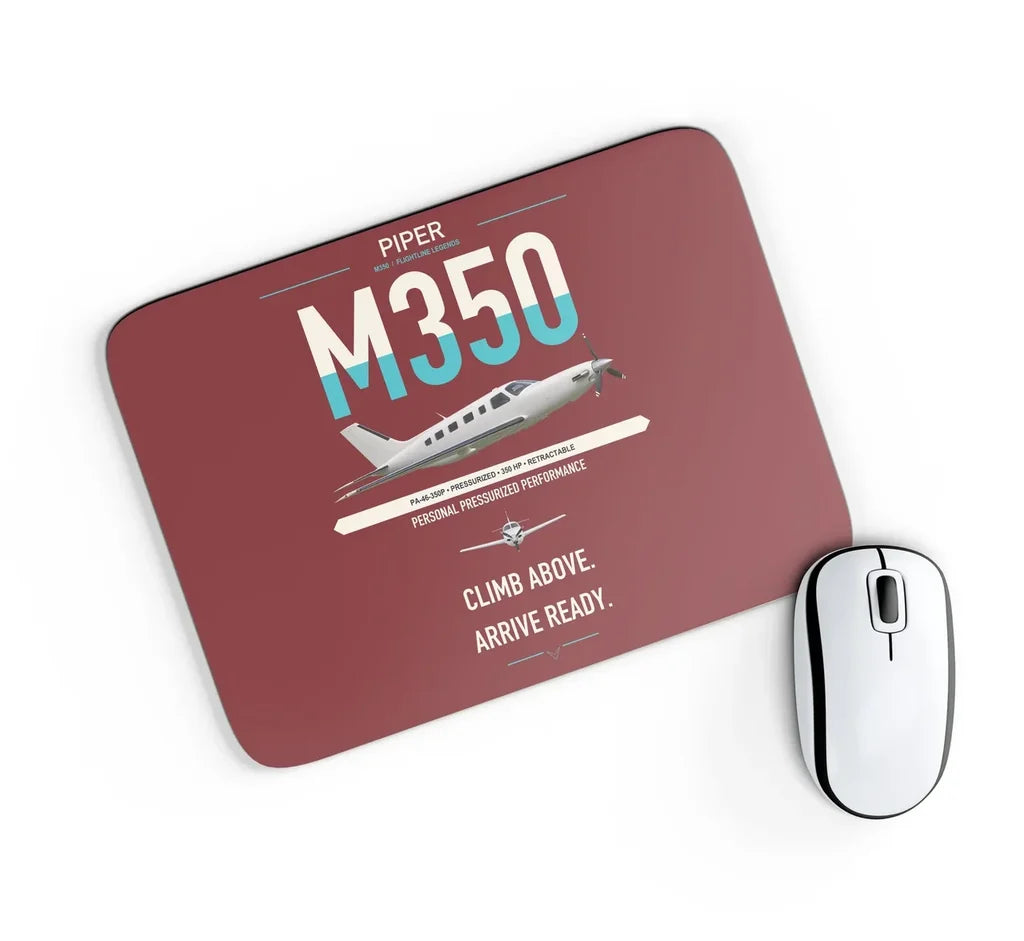 Piper M350 design on dark red rectangle mouse pad