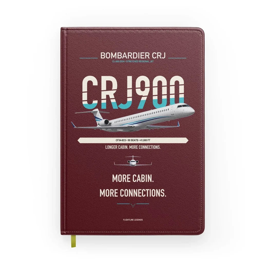 Bombardier CRJ900 design on dark red notebook