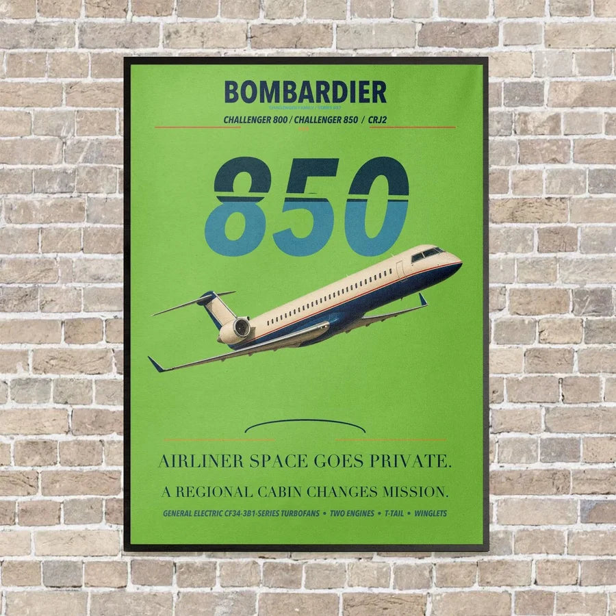 Bombardier Challenger 850 vertical canvas print - framed - light green background