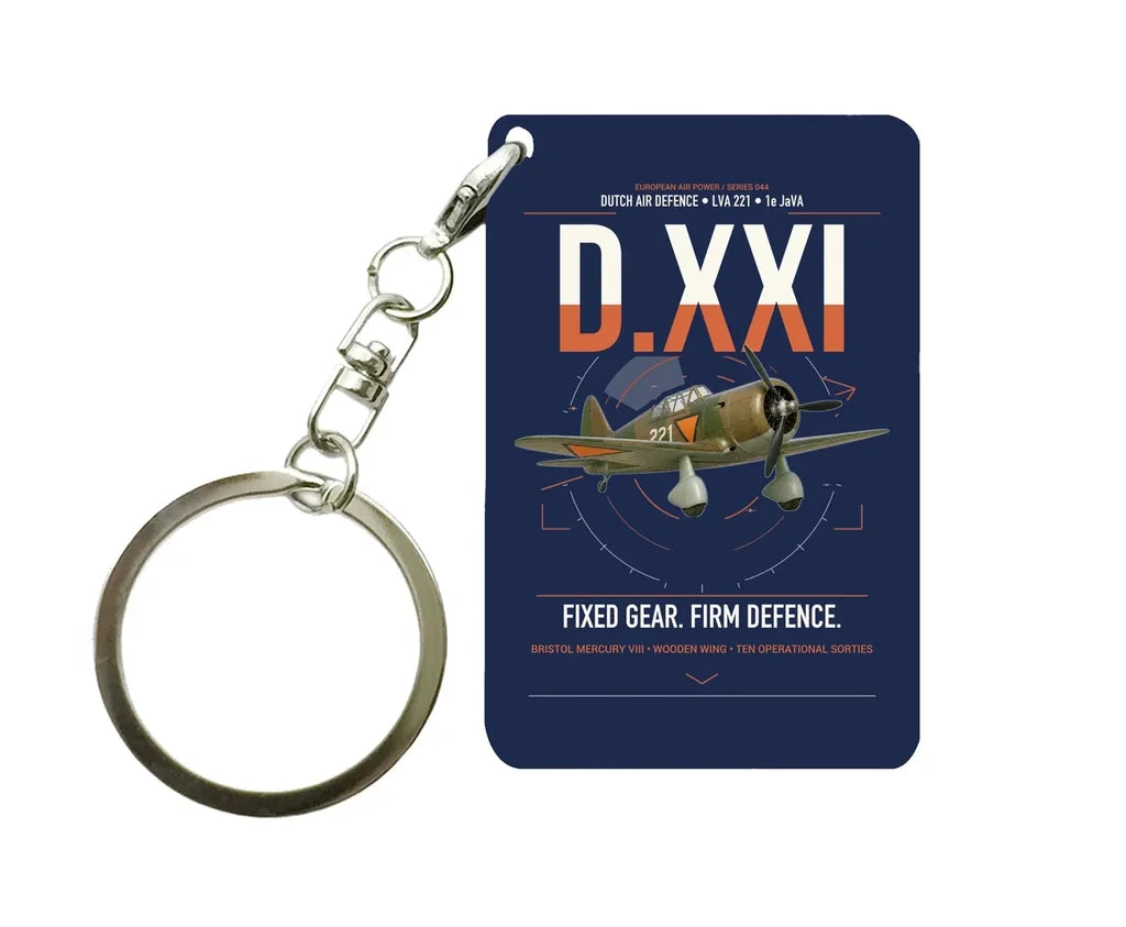 Fokker D.XXI — Dutch LVA aircraft 221 design on navy blue designed key chain, double-side print