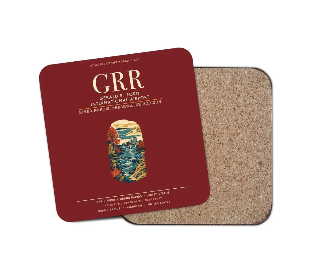 Gerald R. Ford International Airport Grand Rapids (GRR) design on dark red 1 piece coaster