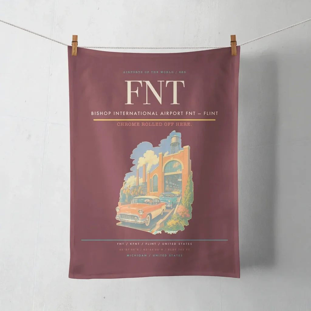 Bishop International Airport (FNT) design on dark red towel