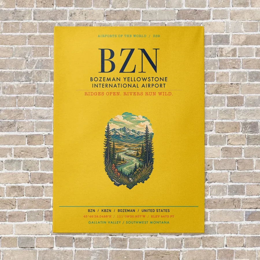 Bozeman Yellowstone International Airport BZN vertical canvas print - no frame - yellow background