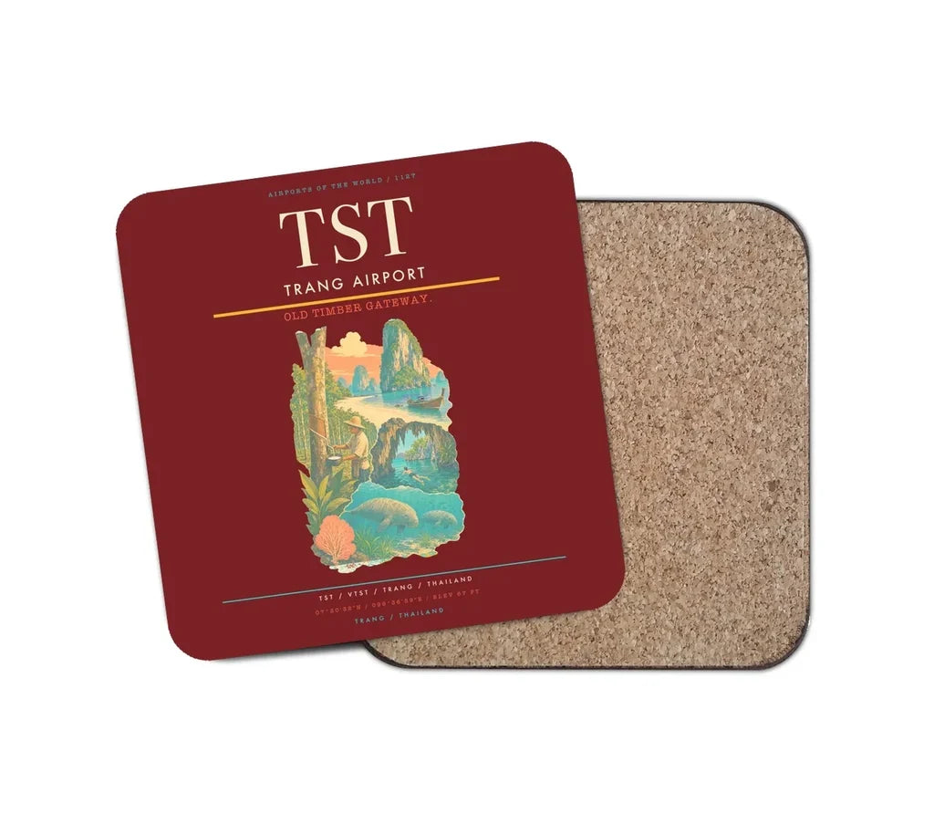Trang Airport (TST) design on dark red 1 piece coaster