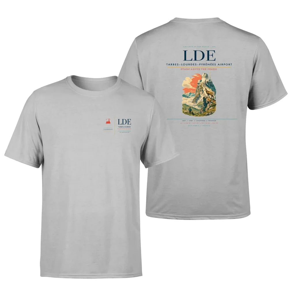 Tarbes–Lourdes–Pyrénées Airport (LDE) design printed on light gray double-side t-shirt