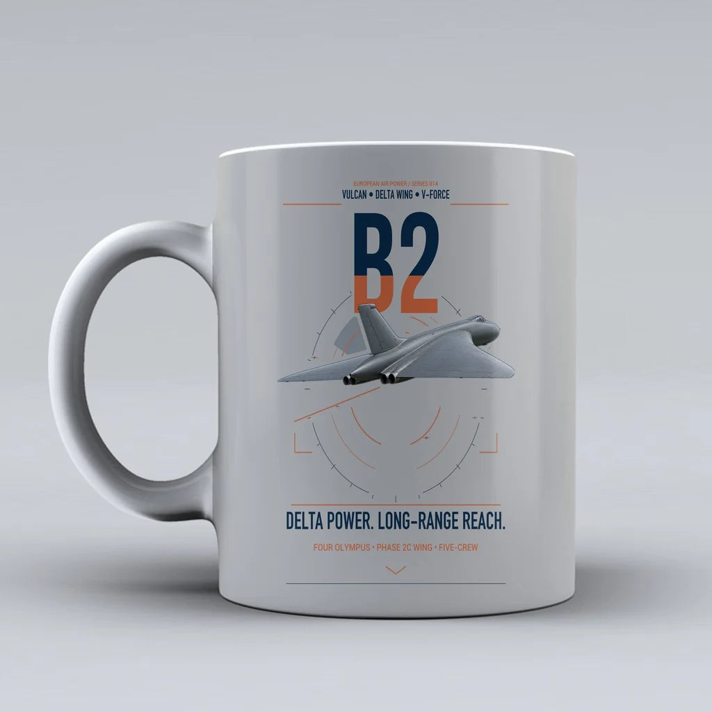 Avro Vulcan B2 design on light gray ceramic mug, double-side print