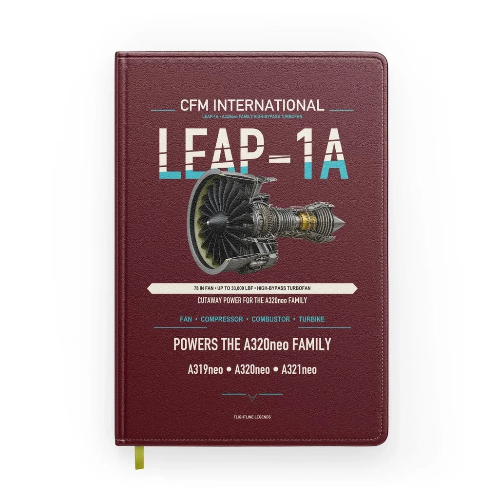CFM LEAP-1A design on dark red notebook