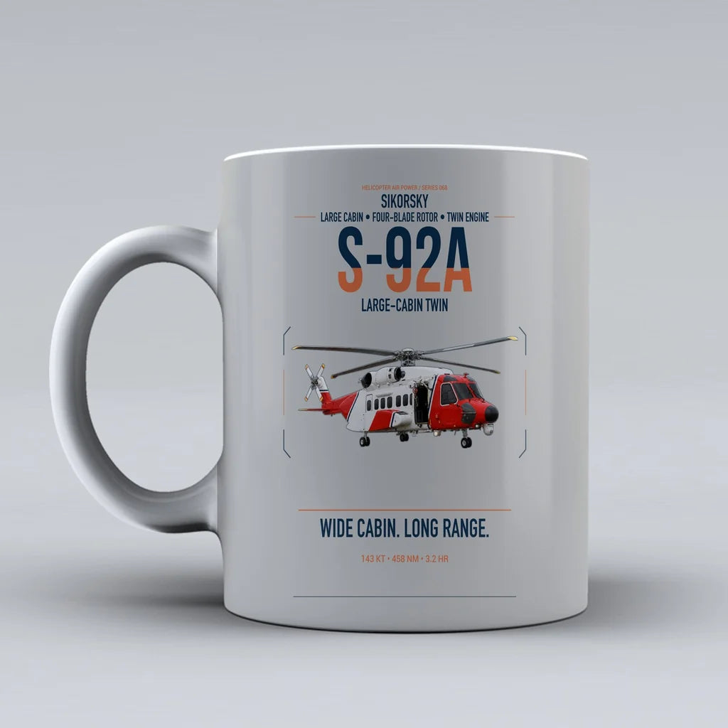 Sikorsky S-92A design on light gray ceramic mug, double-side print