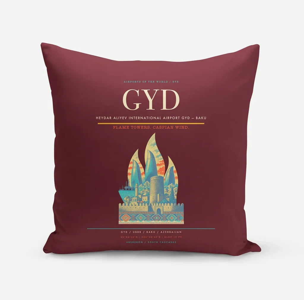 Heydar Aliyev International Airport (GYD) design on dark red pillow