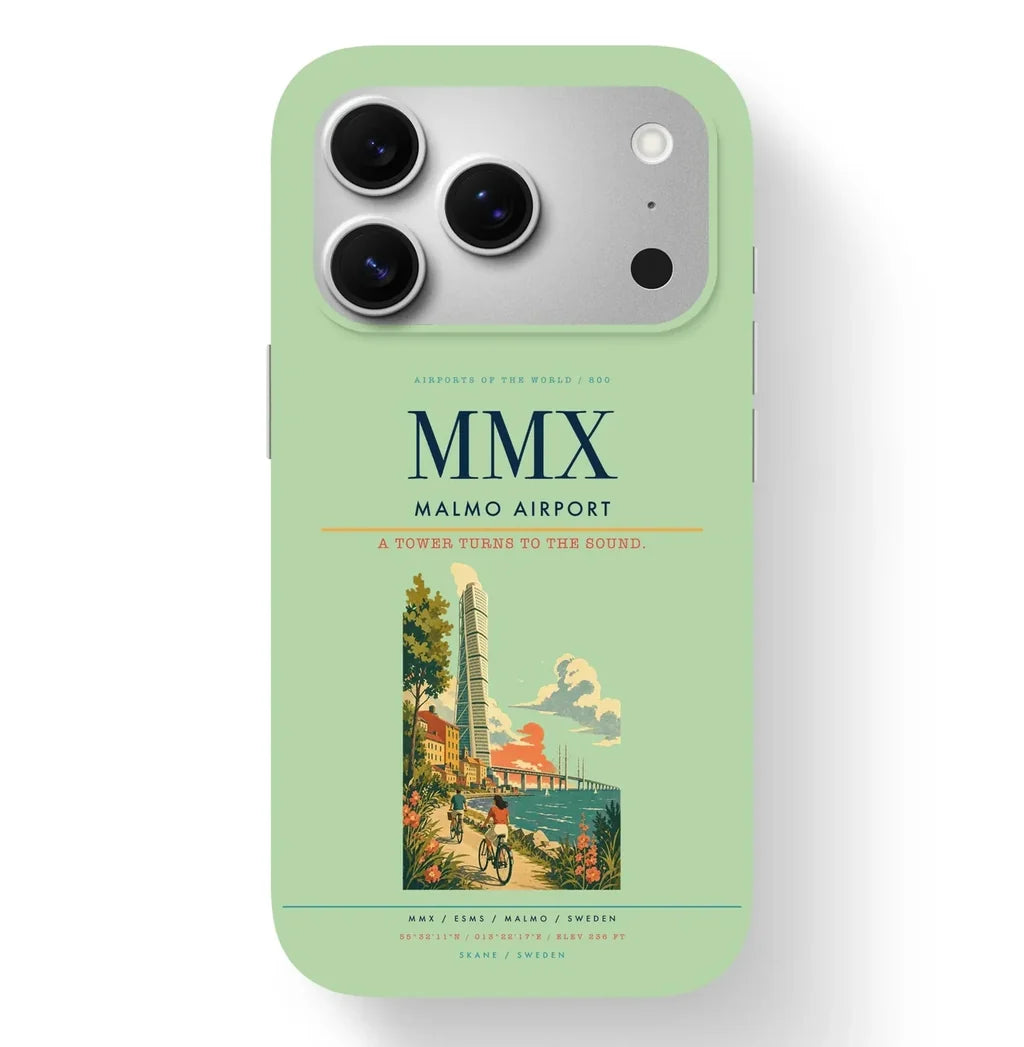 Malmo Airport (MMX) design on light green iPhone 17 Pro MagSafe case