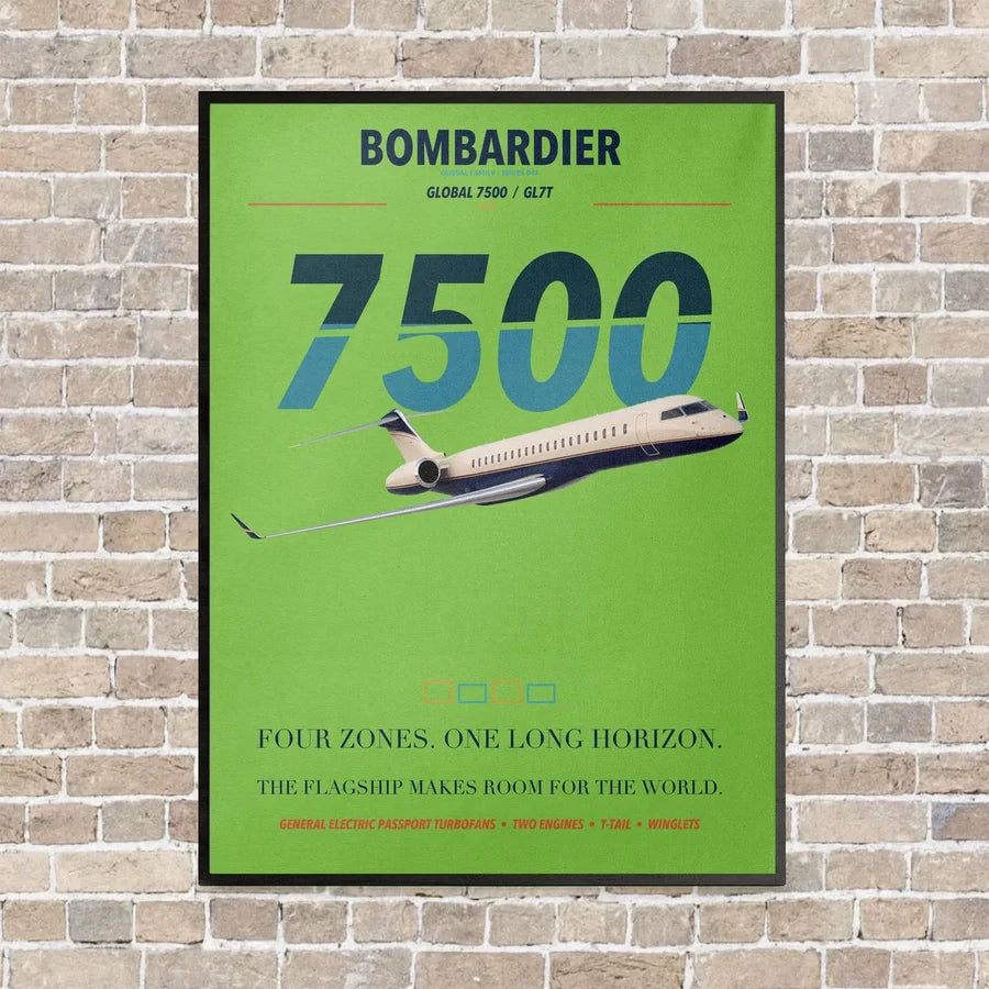Bombardier Global 7500 vertical canvas print - framed - light green background
