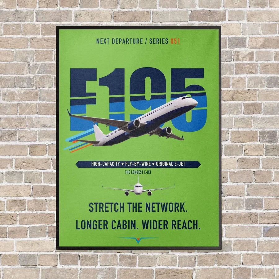 Embraer E195 vertical canvas print - framed - light green background