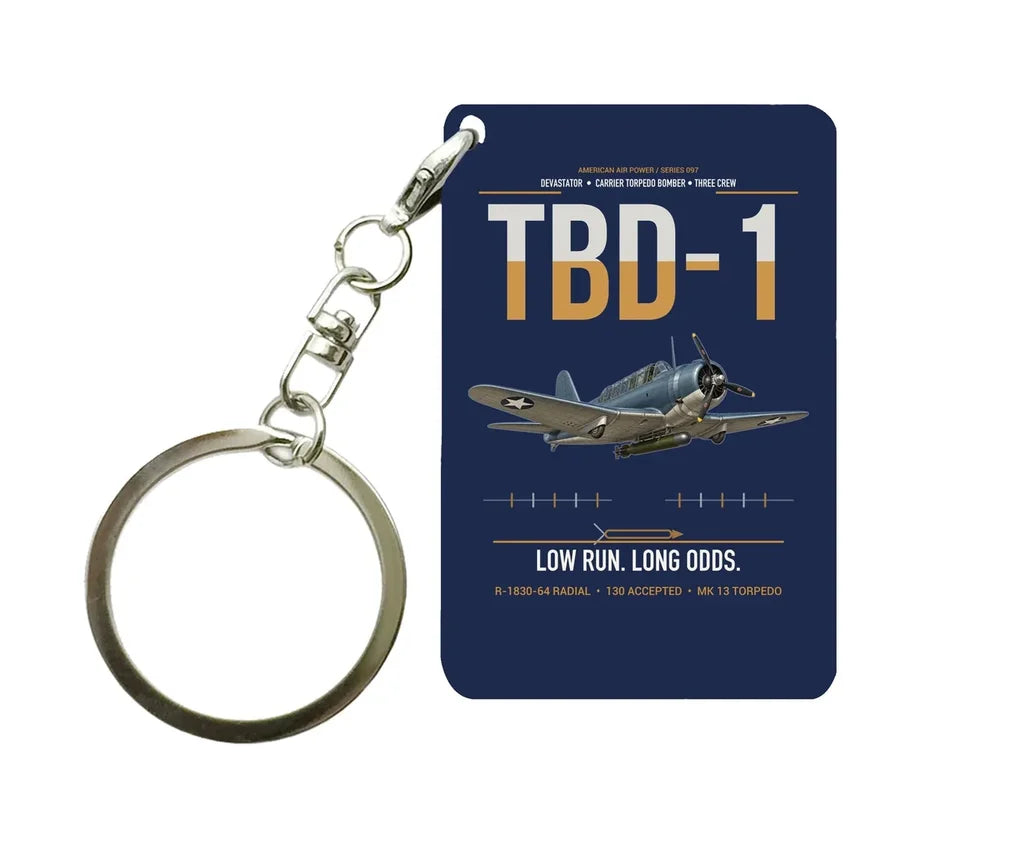 TBD-1 Devastator design on navy blue designed key chain, double-side print