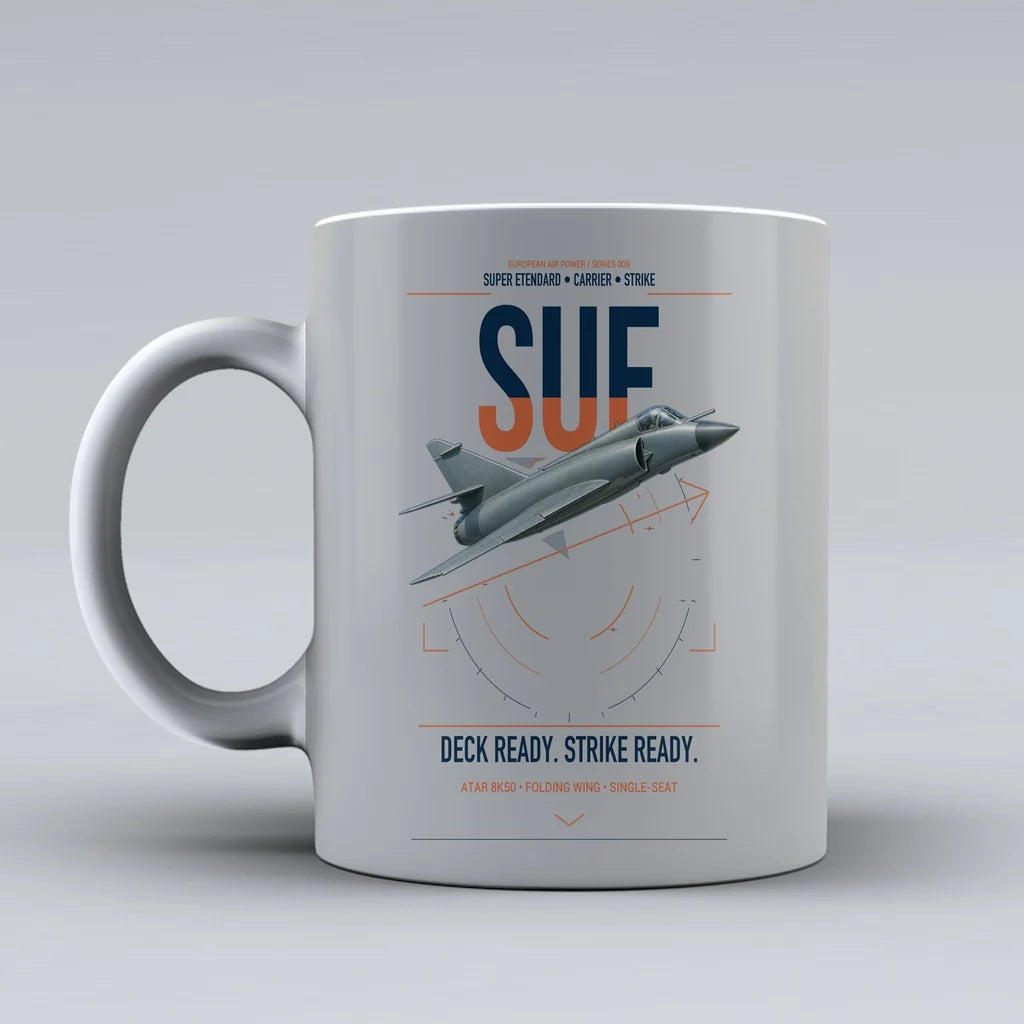 Dassault Super Étendard design on light gray ceramic mug, double-side print