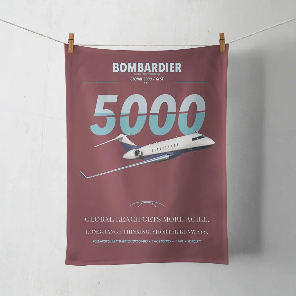 Bombardier Global 5000 design on dark red towel