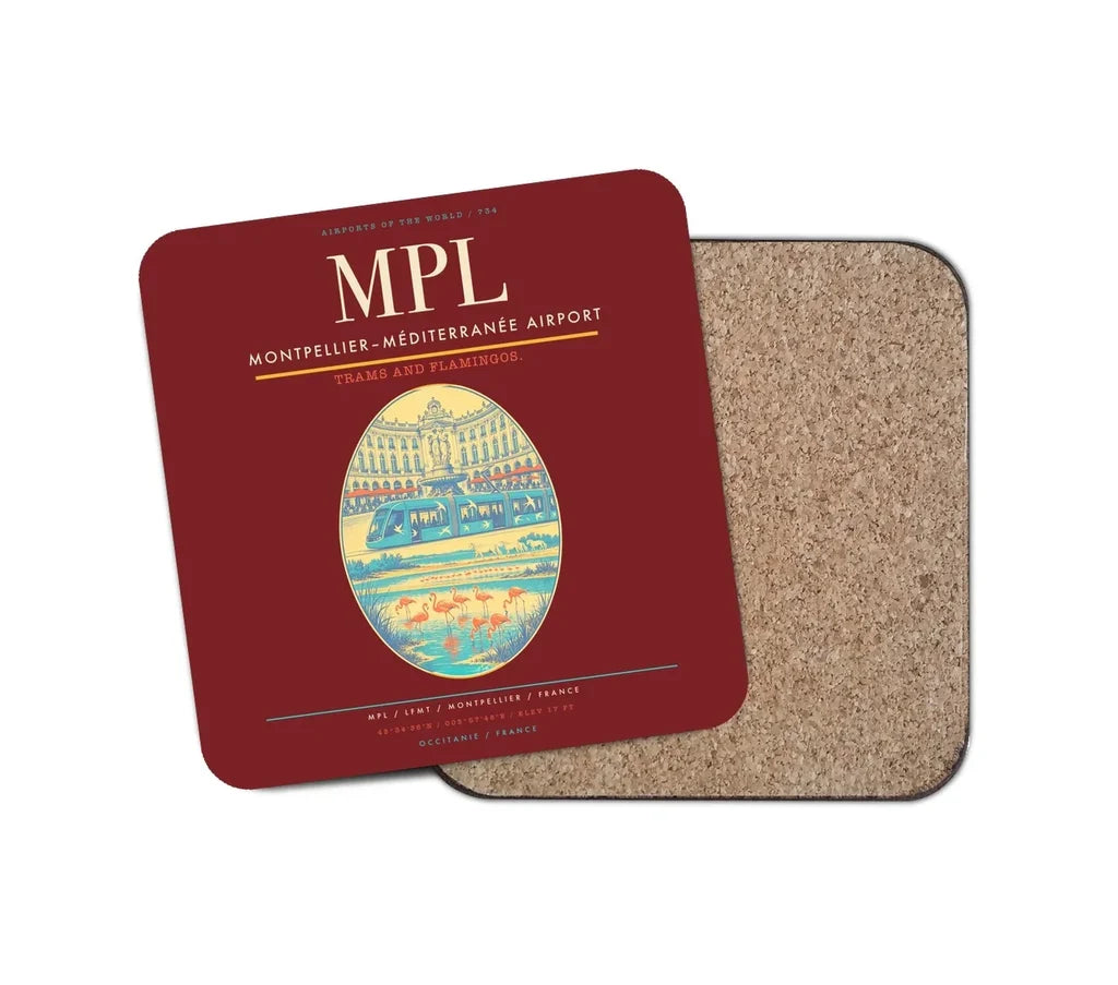 Montpellier–Méditerranée Airport (MPL) design on dark red 1 piece coaster