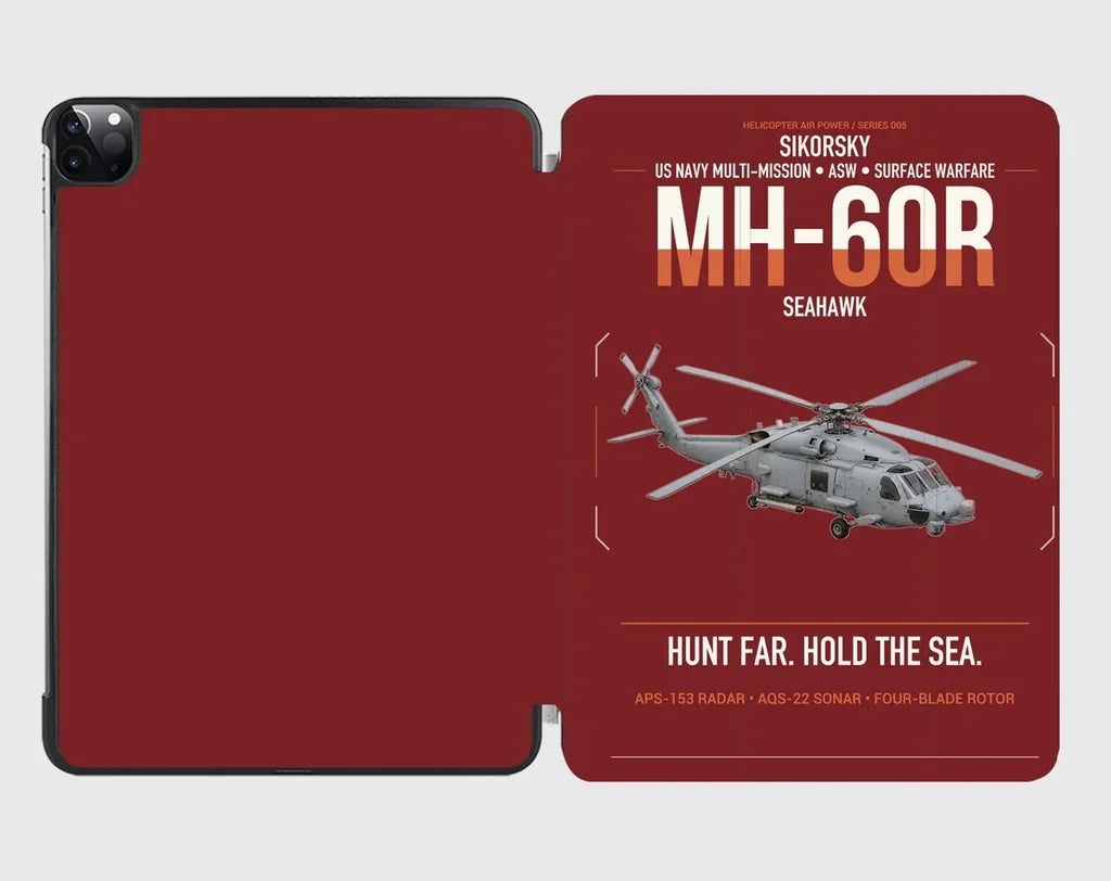 Sikorsky MH-60R Seahawk design on dark red ipad tablet case