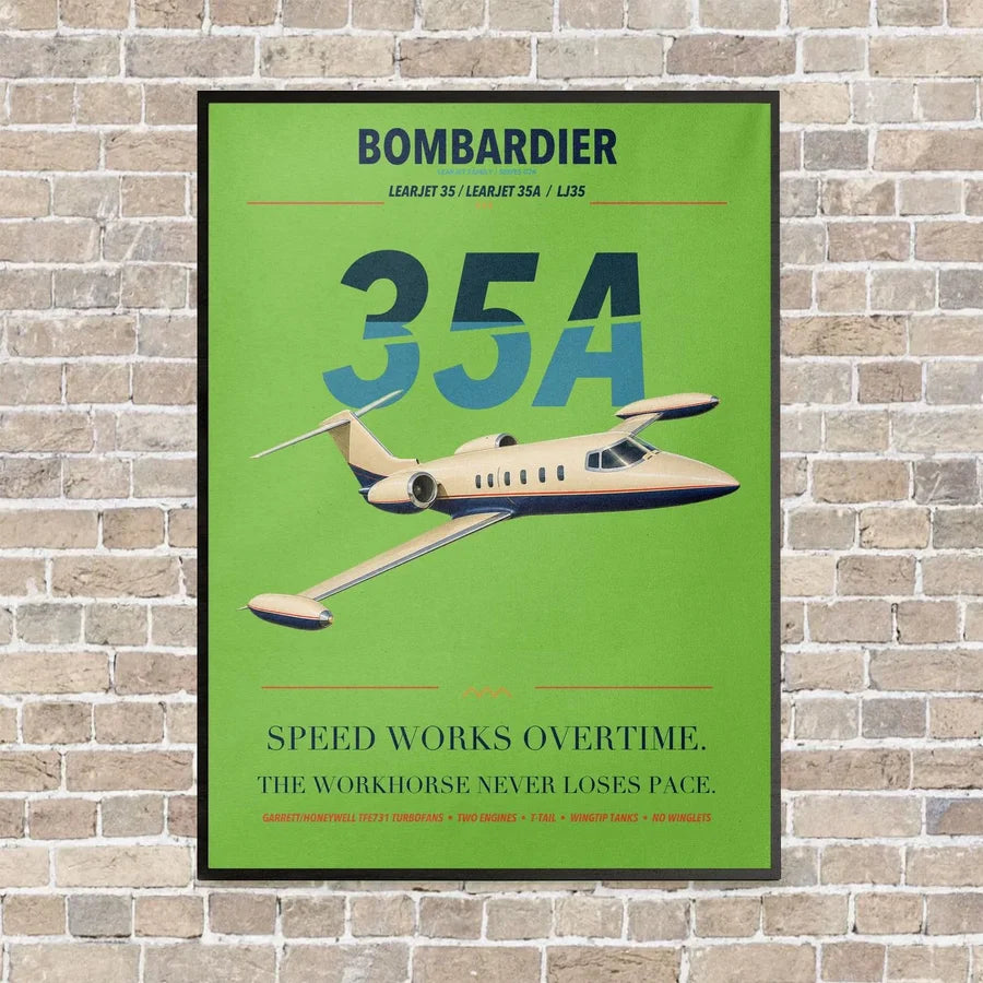 Bombardier Learjet 35A vertical canvas print - framed - light green background
