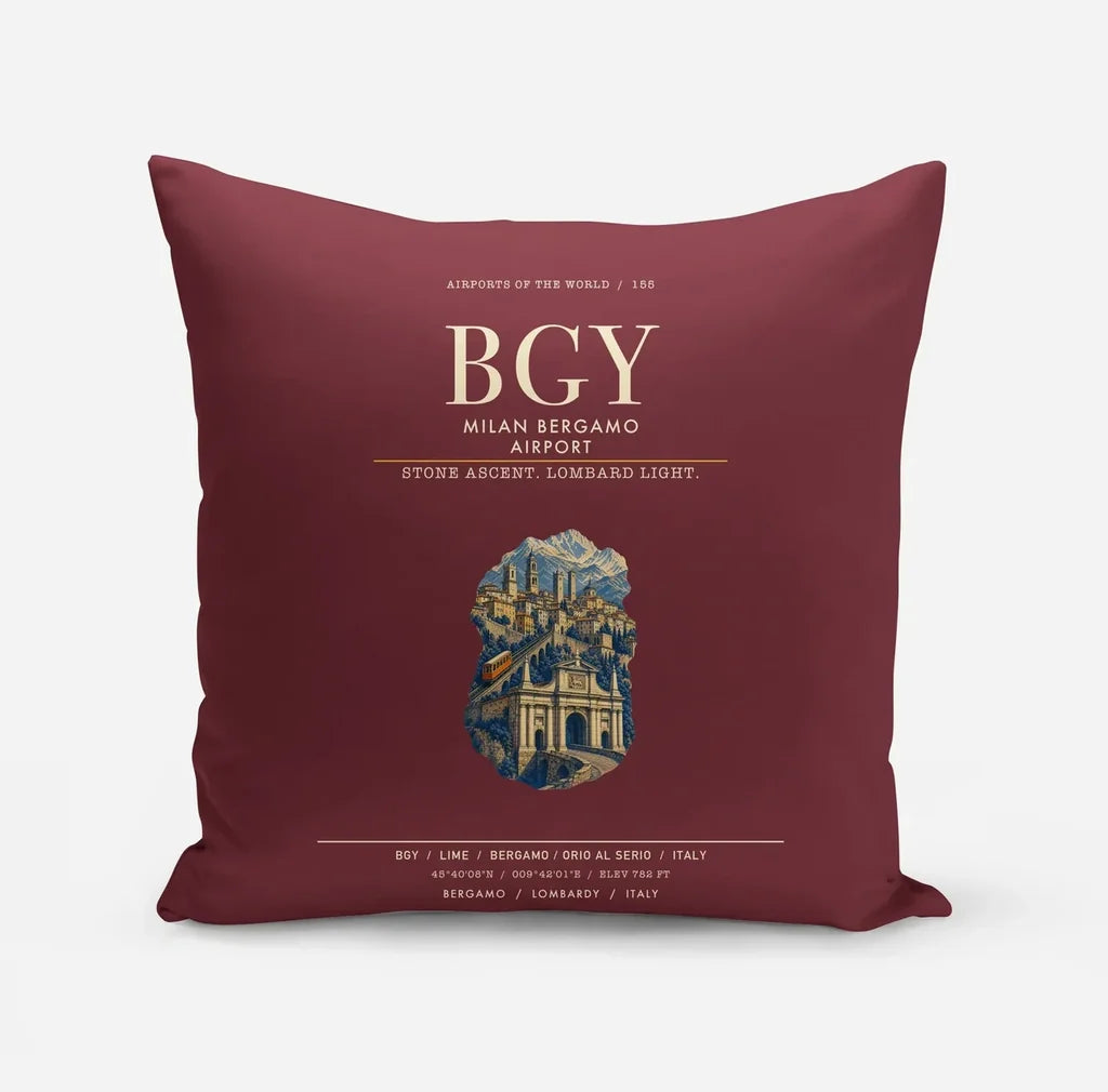 Milan Bergamo Airport (BGY) design on dark red pillow