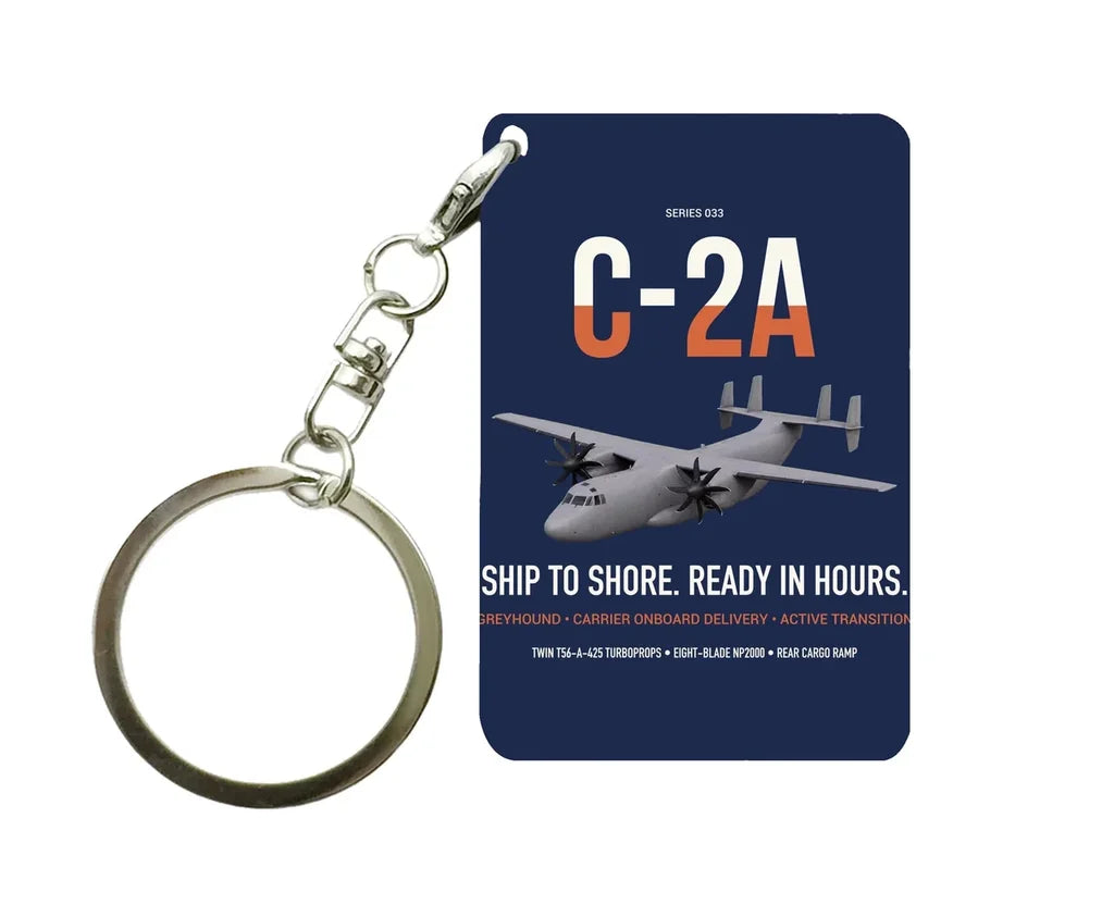 C-2A Greyhound design on navy blue designed key chain, double-side print