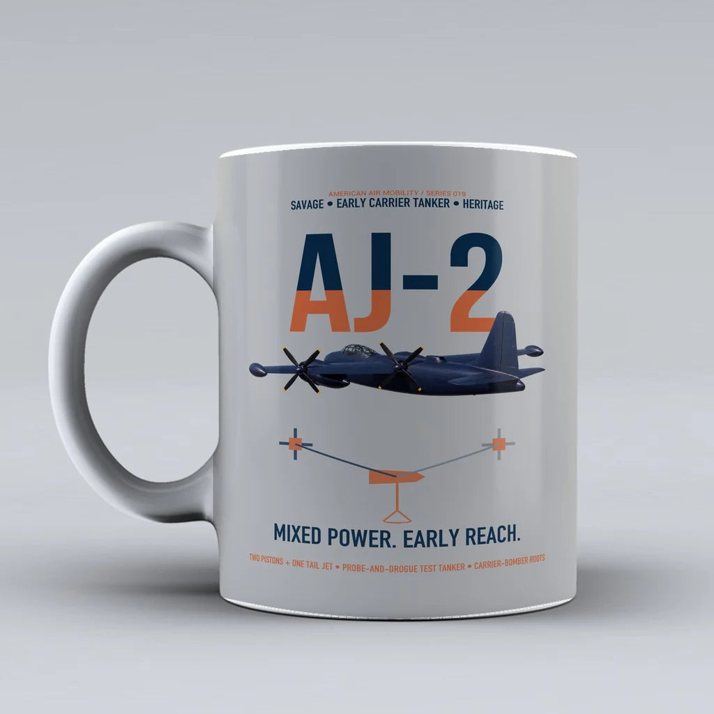 AJ-2 Savage Tanker design on light gray ceramic mug, double-side print