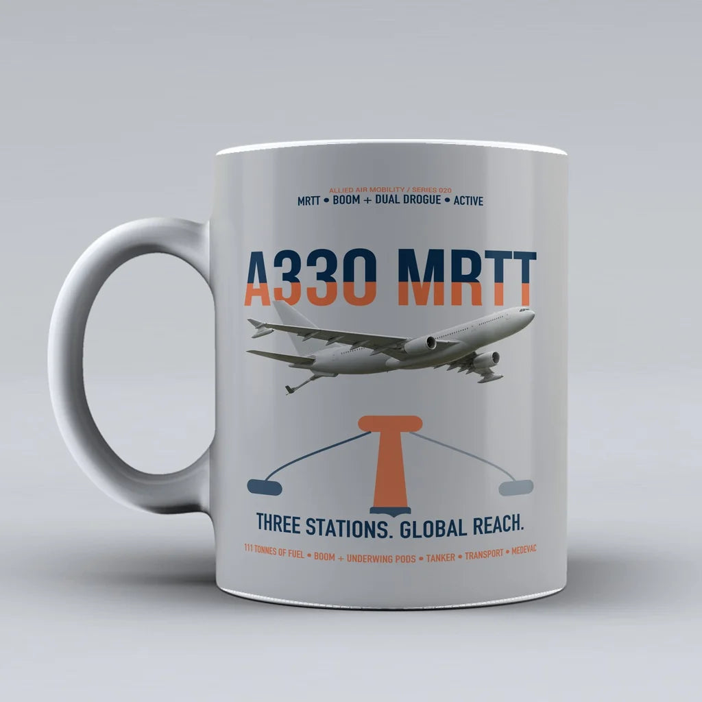 Airbus A330 MRTT design on light gray ceramic mug, double-side print