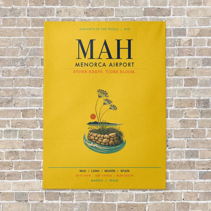 Menorca Airport MAH vertical canvas print - no frame - yellow background