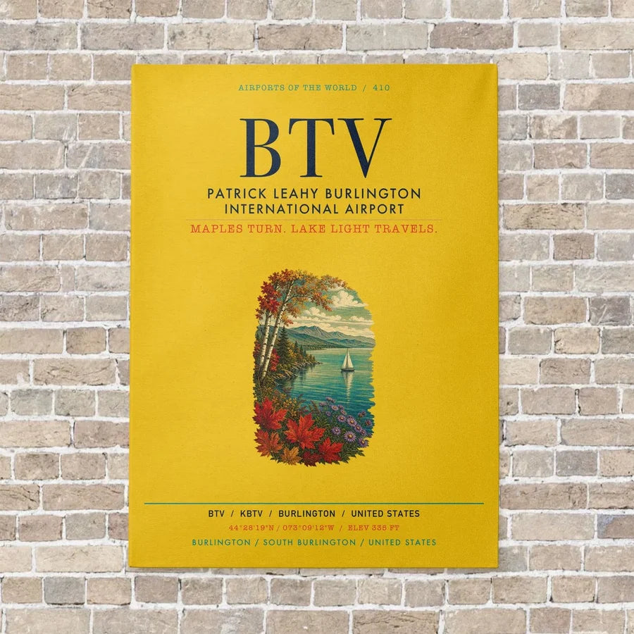 Patrick Leahy Burlington International Airport BTV vertical canvas print - no frame - yellow background