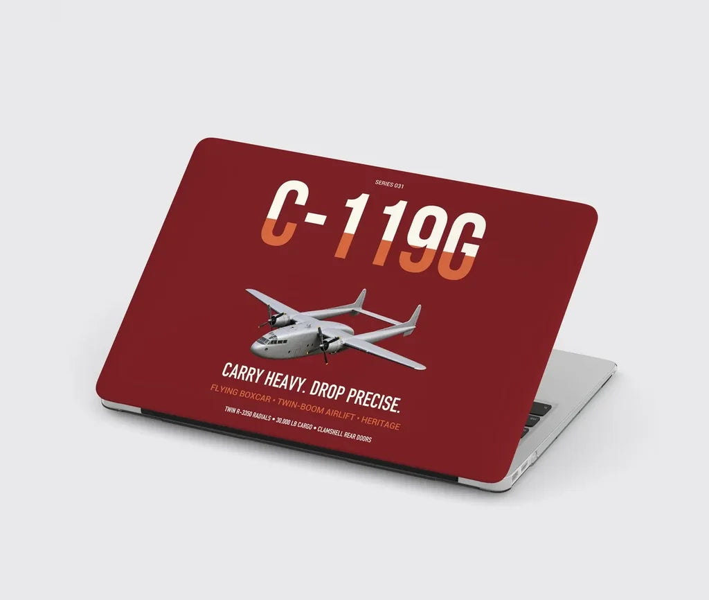 C-119G Flying Boxcar design on dark red MacBook case