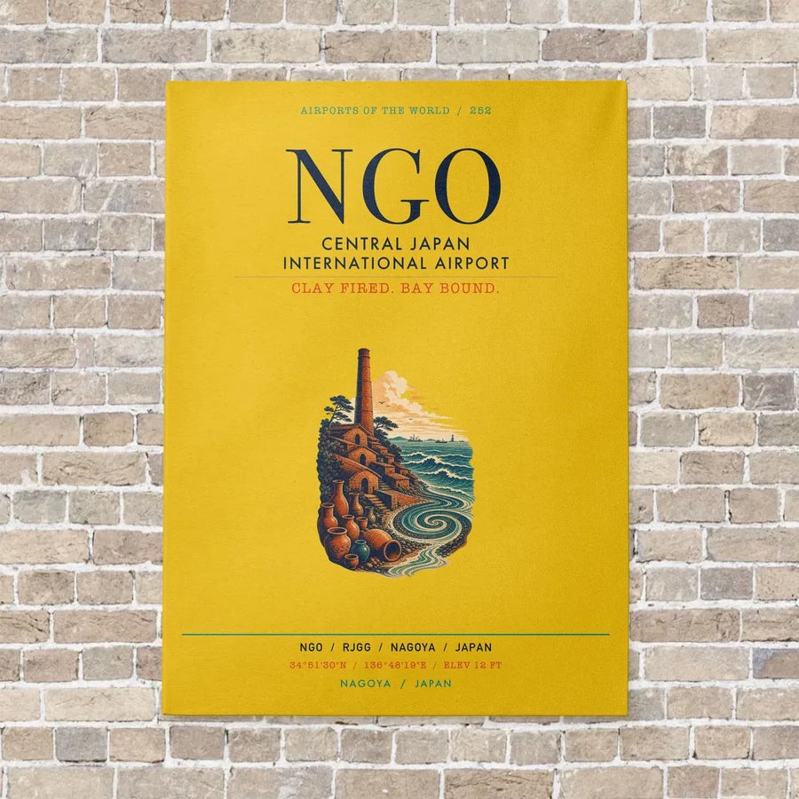 Central Japan International Airport NGO vertical canvas print - no frame - yellow background