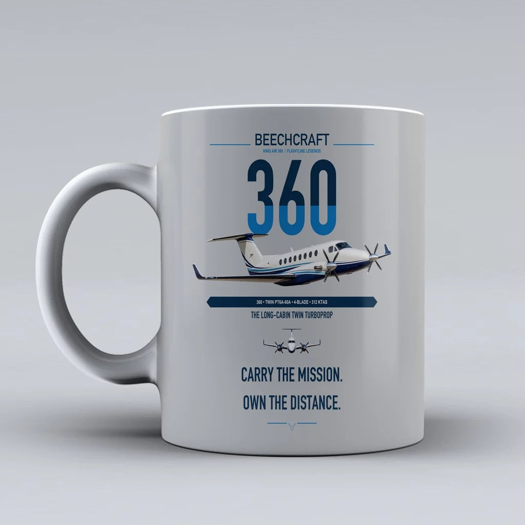 Beechcraft King Air 360 design on light gray ceramic mug, double-side print