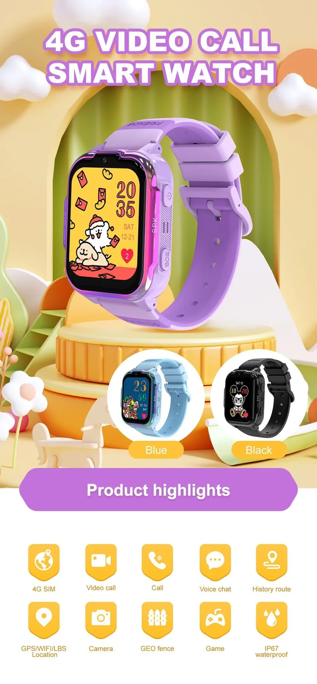 Smart watch with DH20 Children's Smart Watch: Full Netcom 4G, Video Calls, GPS Tracking & SIM Card Support for Students dial
