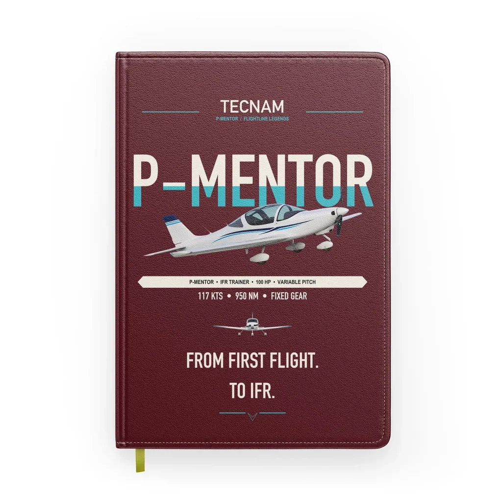 Tecnam P-Mentor design on dark red notebook