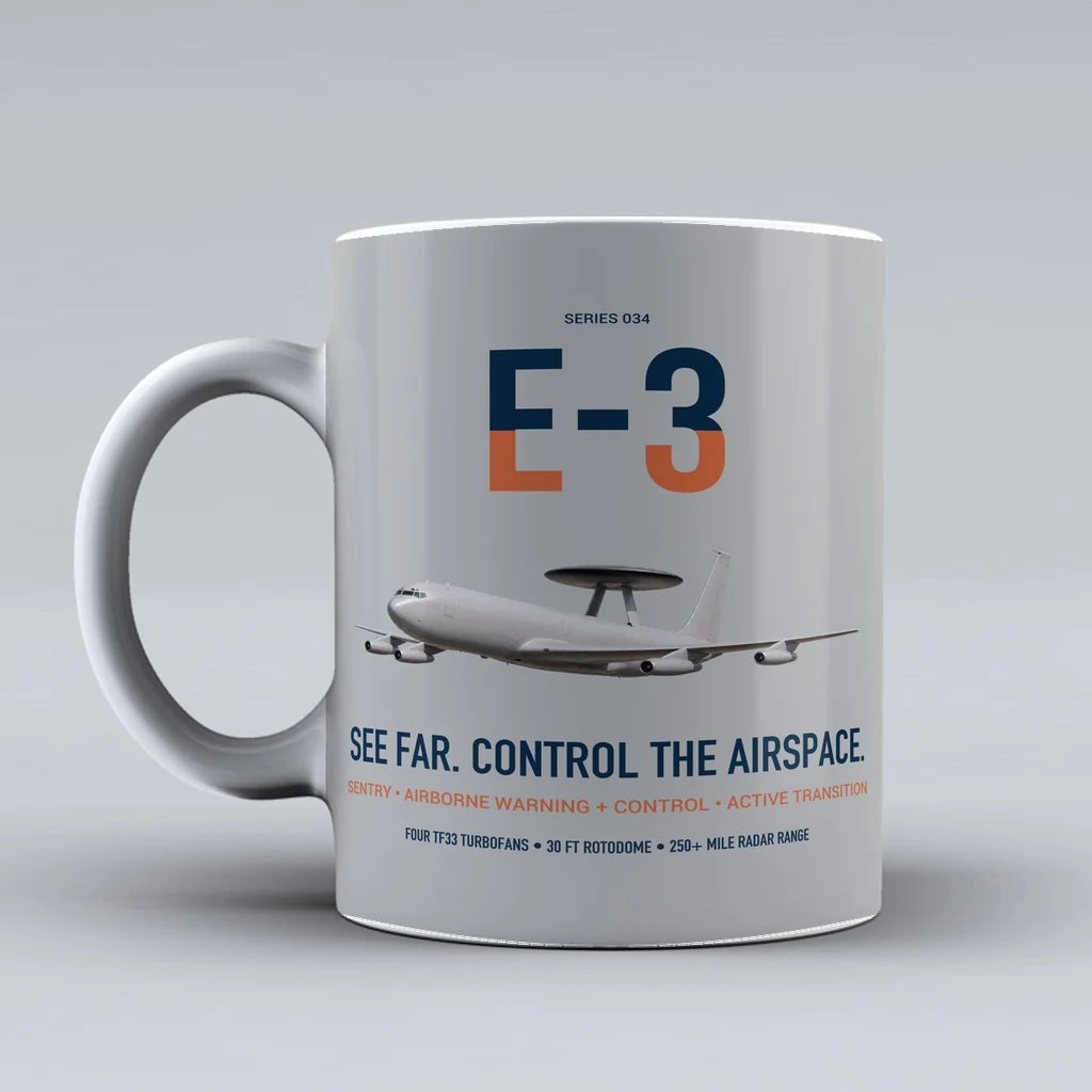 E-3 Sentry AWACS design on light gray ceramic mug, double-side print