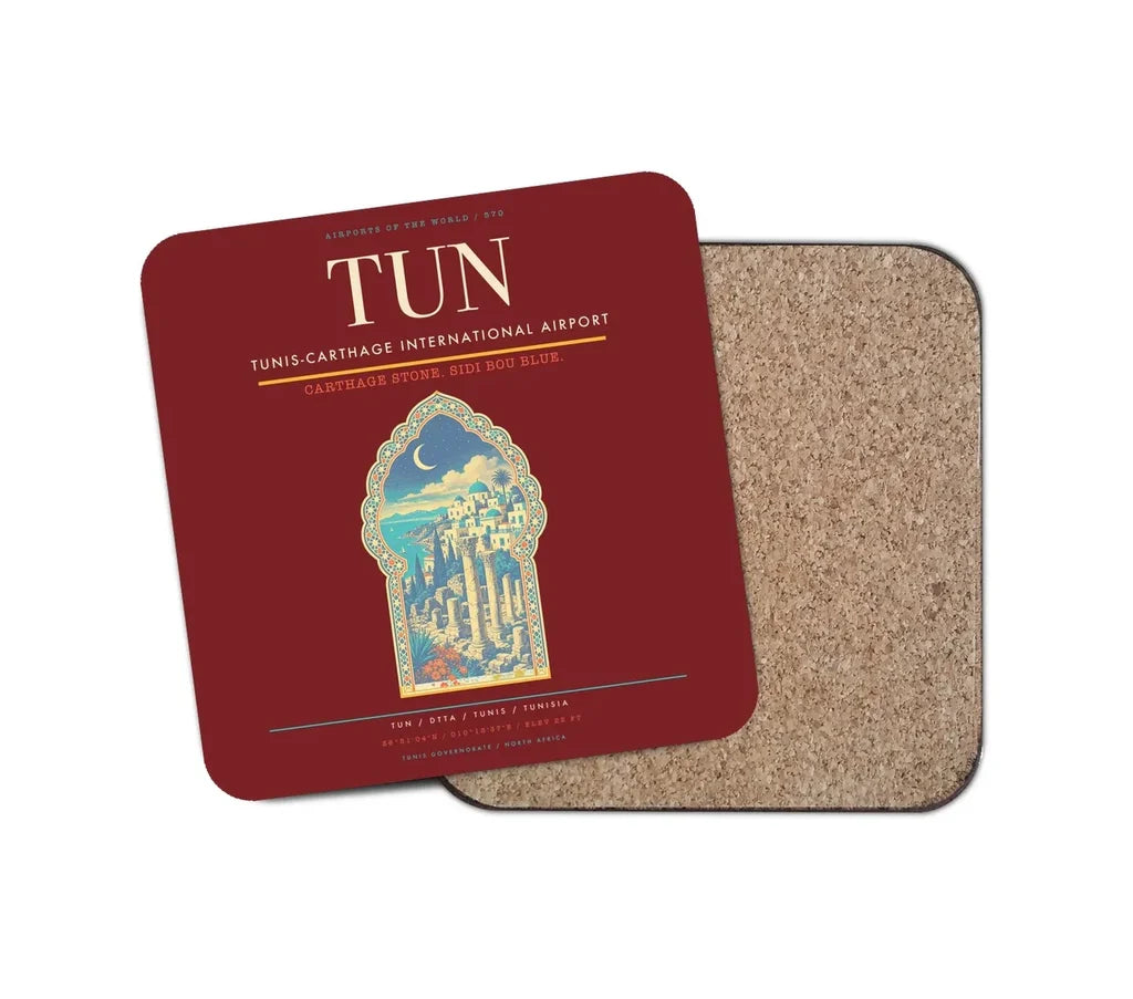 Tunis-Carthage International Airport (TUN) design on dark red 1 piece coaster