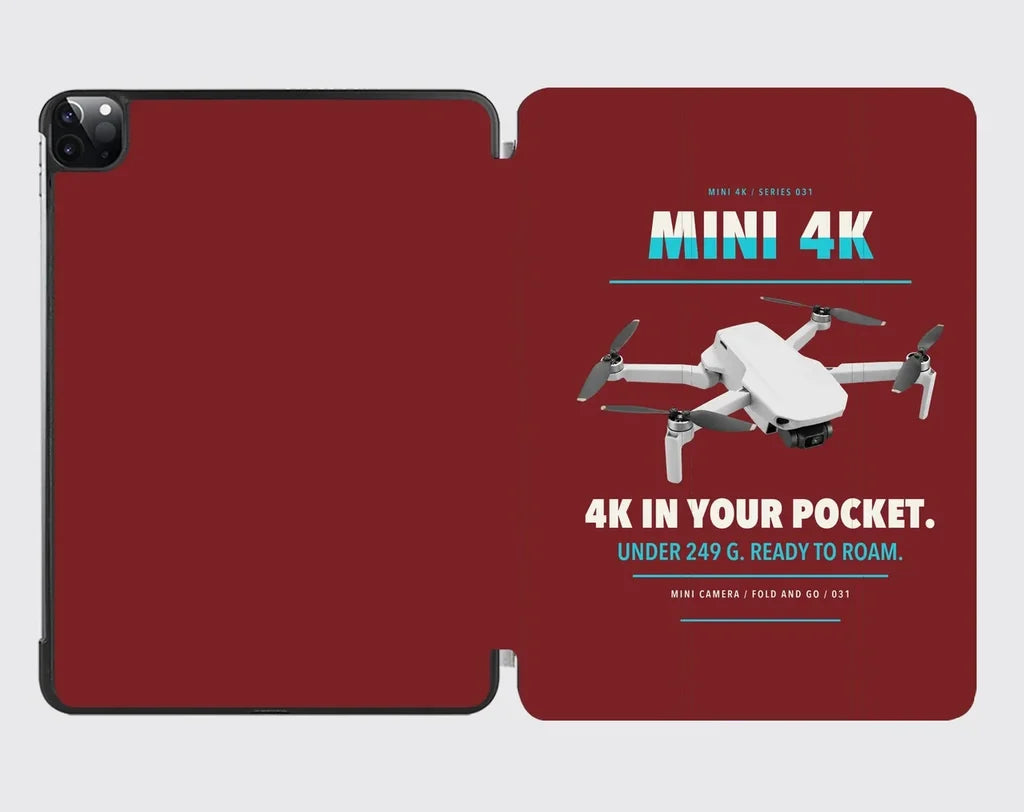 DJI Mini 4K design on dark red ipad tablet case