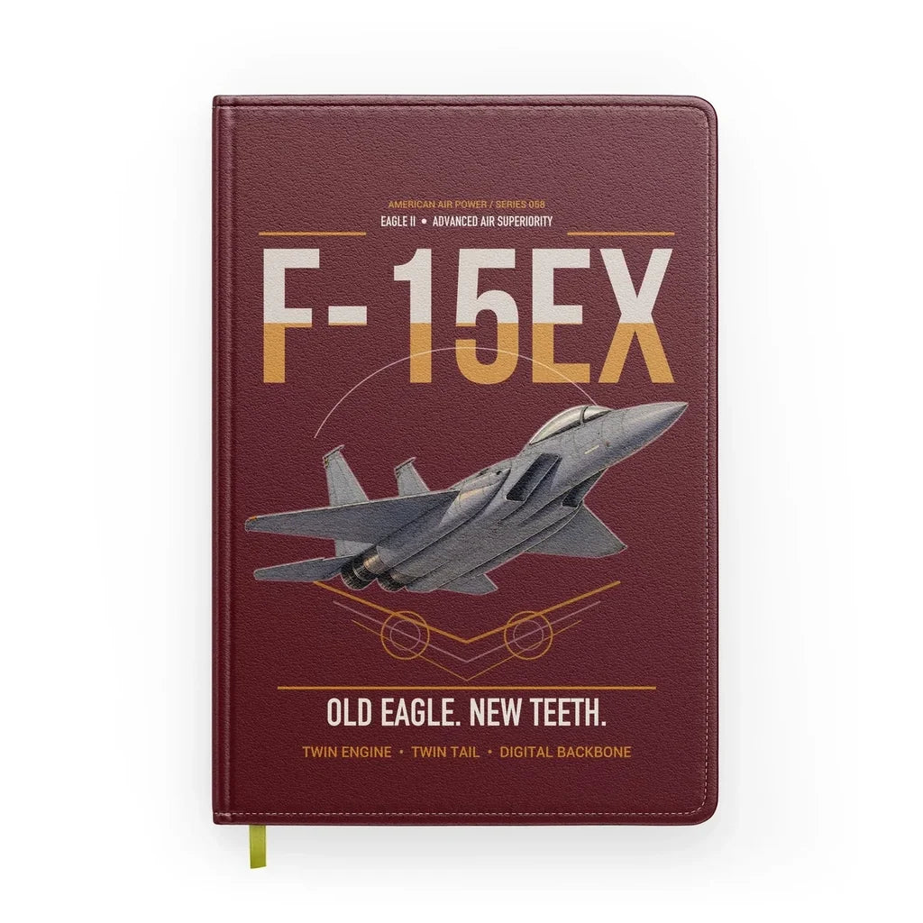 F-15EX Eagle II design on dark red notebook