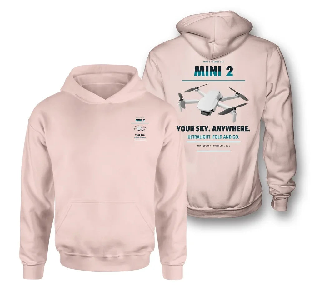 DJI Mini 2 design on pink hoodie