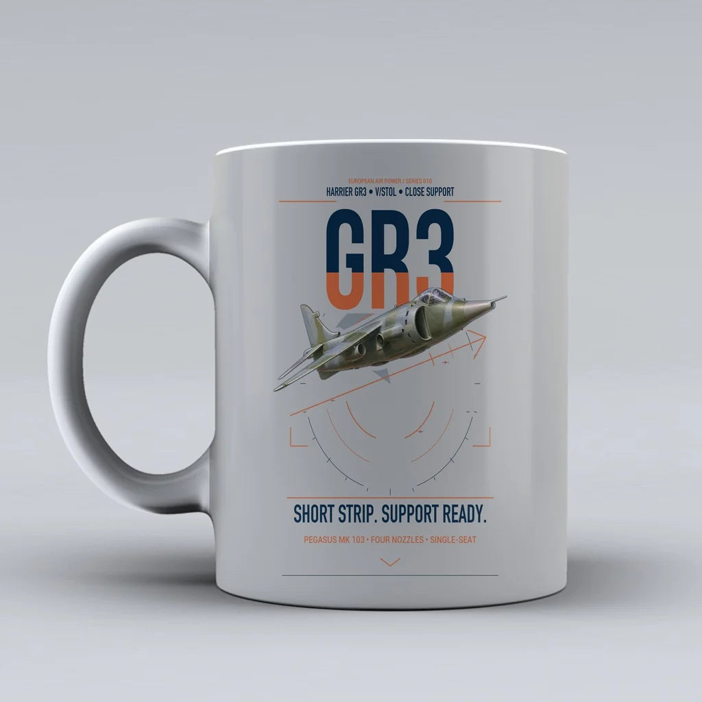 Hawker Siddeley Harrier GR3 design on light gray ceramic mug, double-side print