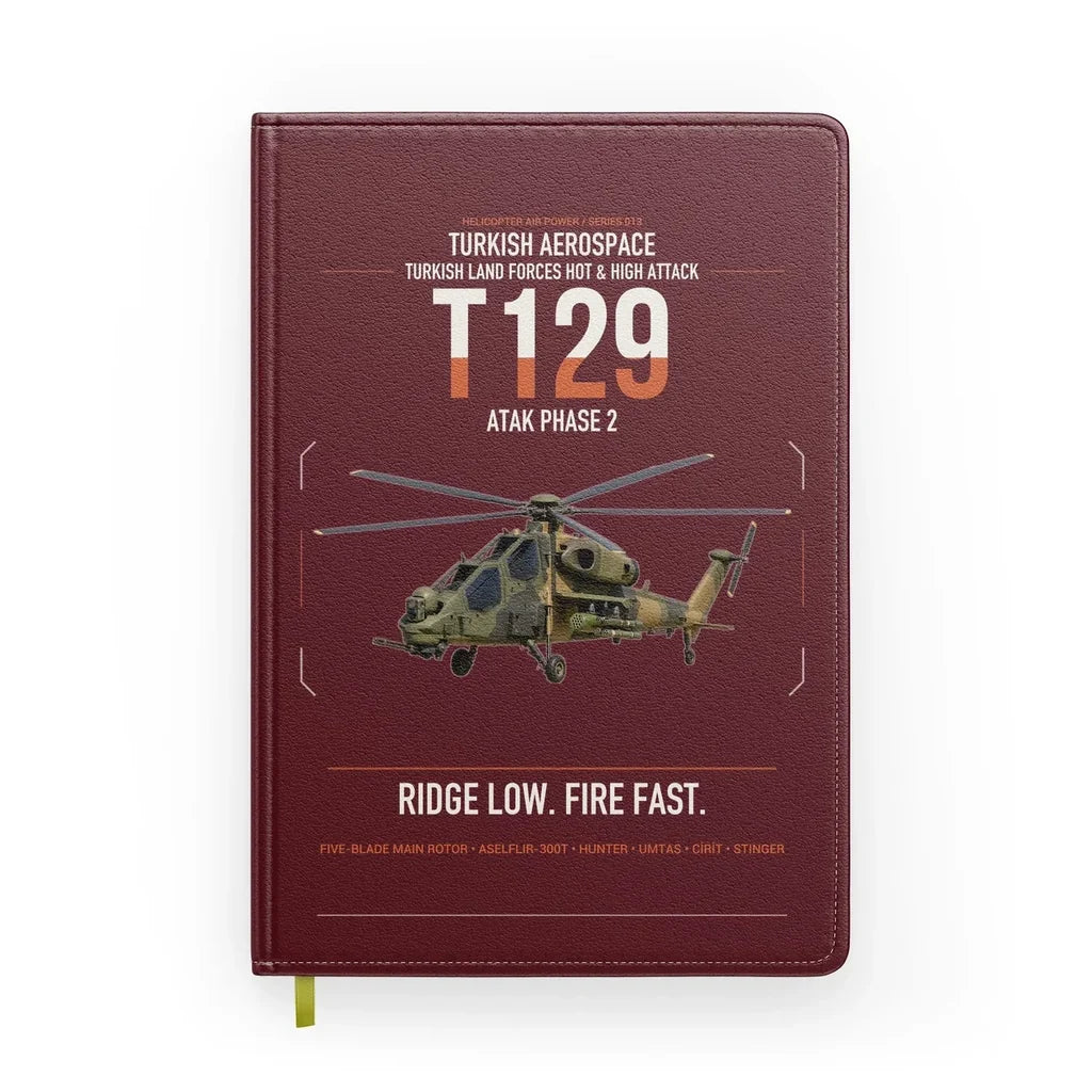Turkish Aerospace T129 ATAK Phase 2 design on dark red notebook